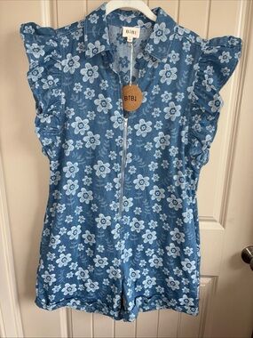 BiBi Blue Floral Denim Zip Romper with Ruffle Sleeves